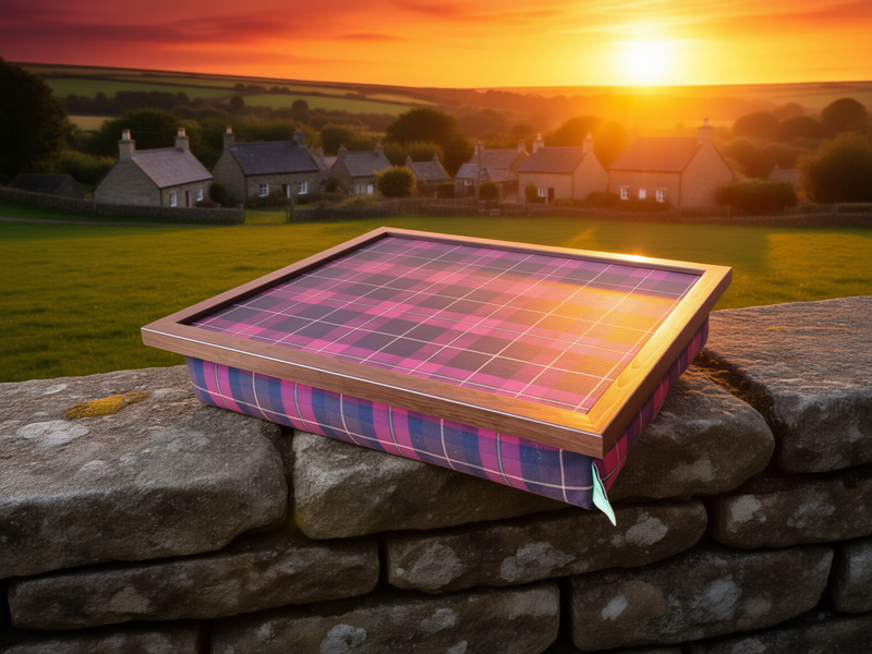 A Burgundy Boyd lap tray with wooden frame, displayed on a stone wall at sunset overlooking a traditional British village
