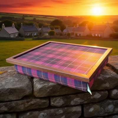 A Burgundy Boyd lap tray with wooden frame, displayed on a stone wall at sunset overlooking a traditional British village