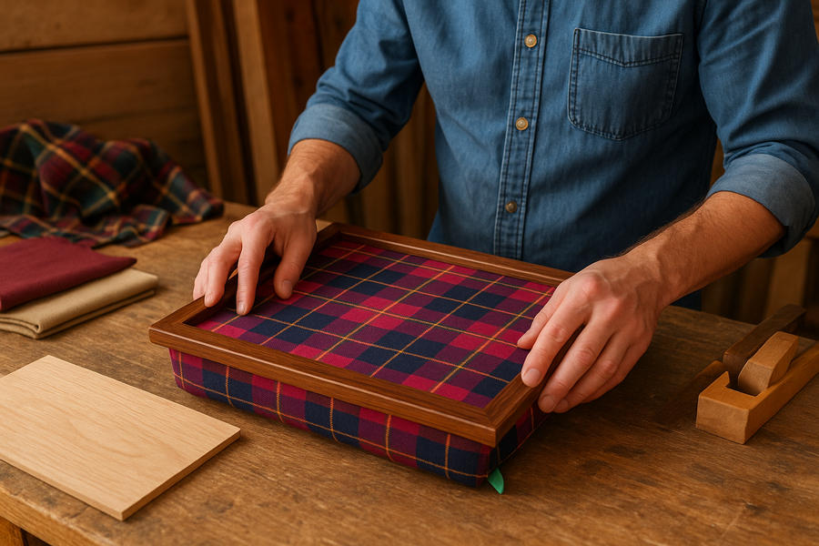 Hands of a craftsman can be seen assembling a luxury Burgundy Boyd Tartan lap tray with a wooden frame. The lap tray is on a wooden worktop with fabric and wood on it