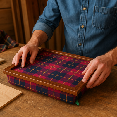 Hands of a craftsman can be seen assembling a luxury Burgundy Boyd Tartan lap tray with a wooden frame. The lap tray is on a wooden worktop with fabric and wood on it