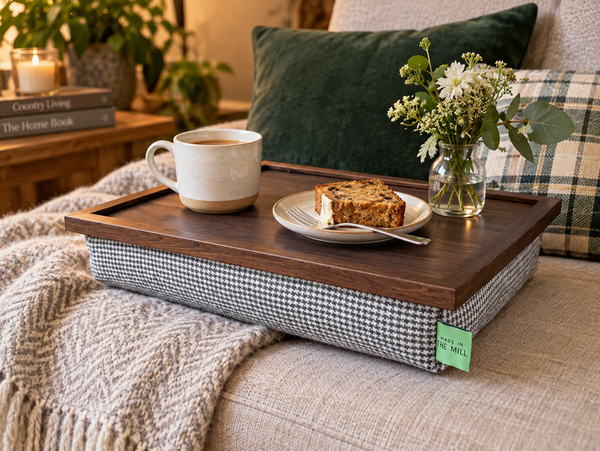 Luxury Dogtooth Lap Tray With Bean Bag with Brown Wood Effect Top