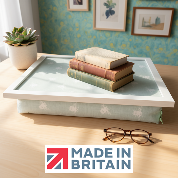 The Bees lap tray with white frame and cushioned base on a light wooden table, styled with three books and some reading glasses, alongside the Made in Britain logo.