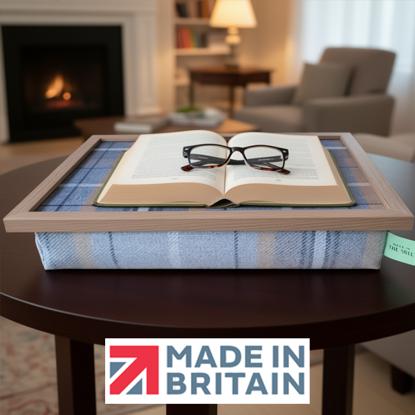 The Corgi Tweed lap tray with wooden frame and cushioned base, displayed on a coffee table with tea and biscuits, alongside the Made in Britain logo.