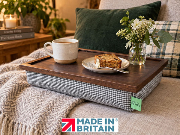 Luxury Dogtooth Lap Tray With Bean Bag with Brown Wood Effect Top