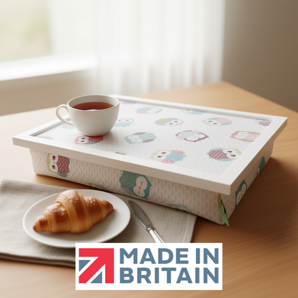 The Owls lap tray with white frame and cushioned base on a wooden table, styled with a cup of coffee and a plate with a croissant on it, alongside the Made in Britain logo.