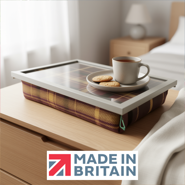 The Papillon Tweed lap tray with silver frame and a cushioned base, displayed on a bedside cabinet with tea and biscuits, alongside the Made in Britain logo.
