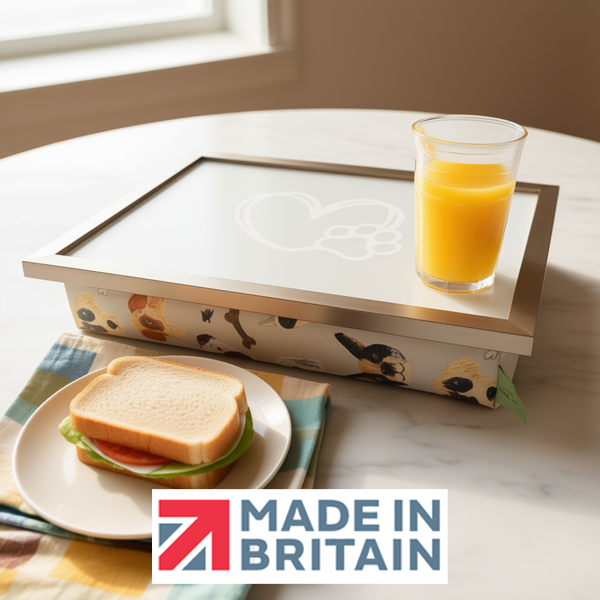 The Portrait Pups lap tray with silver frame and cushioned base on a marbled work surface, styled with a plate with a sandwich and a glass of orange juice, alongside the Made in Britain logo.