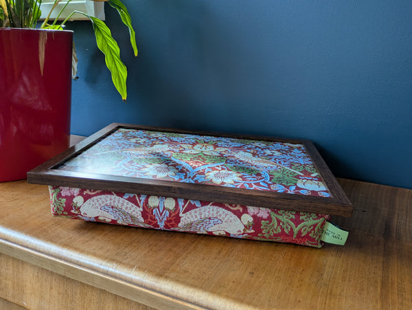 Luxury William Morris Red Strawberry Thief Lap Tray With Bean Bag