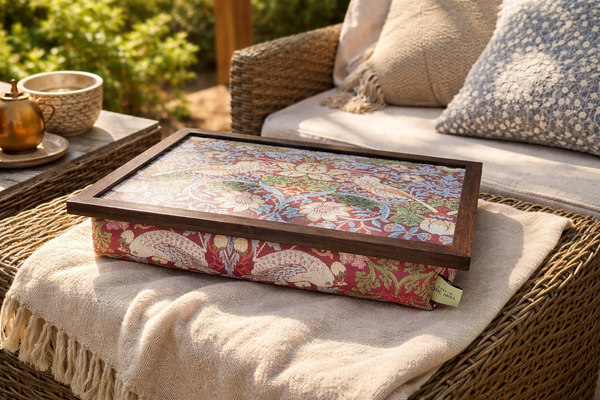 Luxury William Morris Red Strawberry Thief Lap Tray With Bean Bag