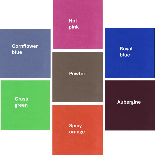 Tray base colours - Hot Pink, Cornflower blue, Royal blue, Pewter, Grass Green, Spicy Orange, Aubergine